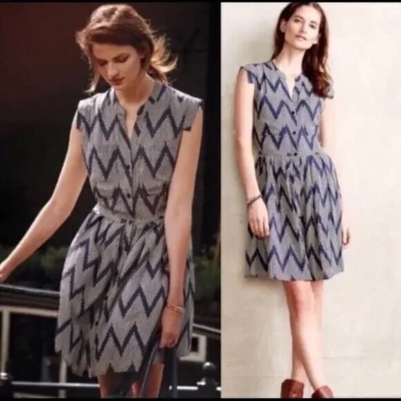 Anthropologie 11 1 TYLHO West Street Dress Blue Chevron Zig Zag Print Womens XS - Picture 15 of 15